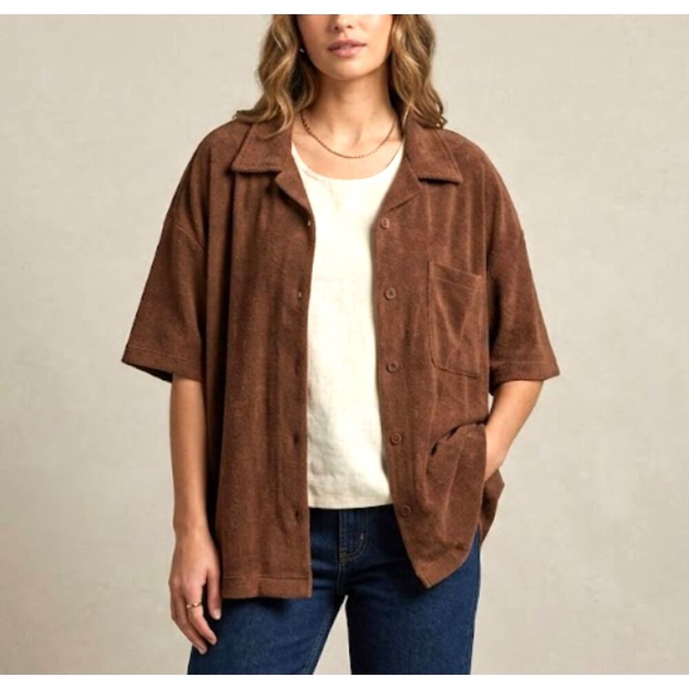 NWT Brown Terry Camp Shirt Womens Lg Boxy Capsule Oversized Lagenlook Minimalist